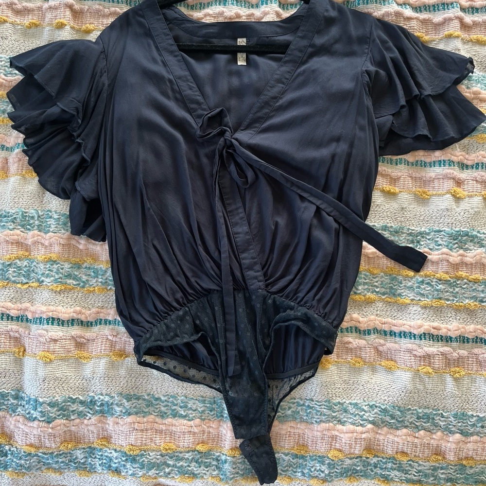 Free People Black Ruffle Sleeve Bodysuit
